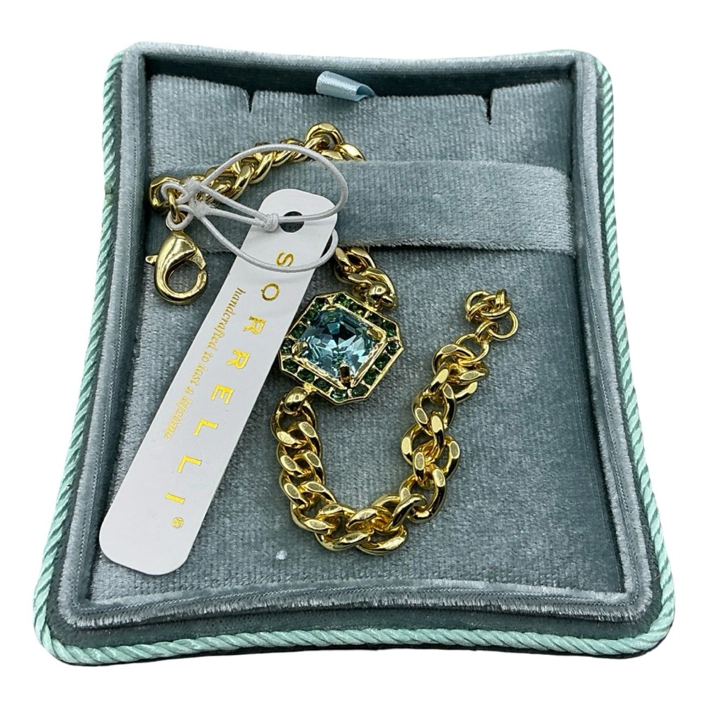 Sorrelli Gold Tone Blue Green Crystal Curb Chain Bracelet BFS88GDC - Picture 7 of 7